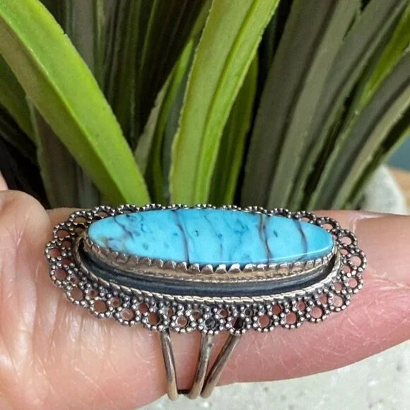 Vintage Turquoise Beau Sterling Silver Filigree Cabochon Bezel Ring Size 5 Adjus - Picture 2 of 9